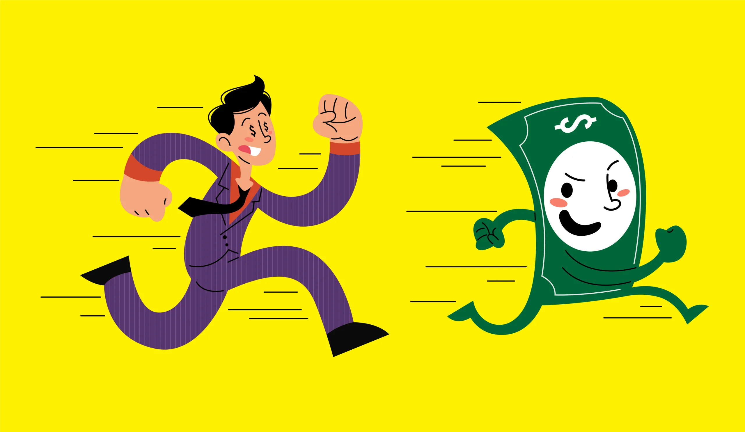 돈이 앞서 달려가고 있고, 그 뒤를 남자가 열심히 쫓아 달려가고 있다. 