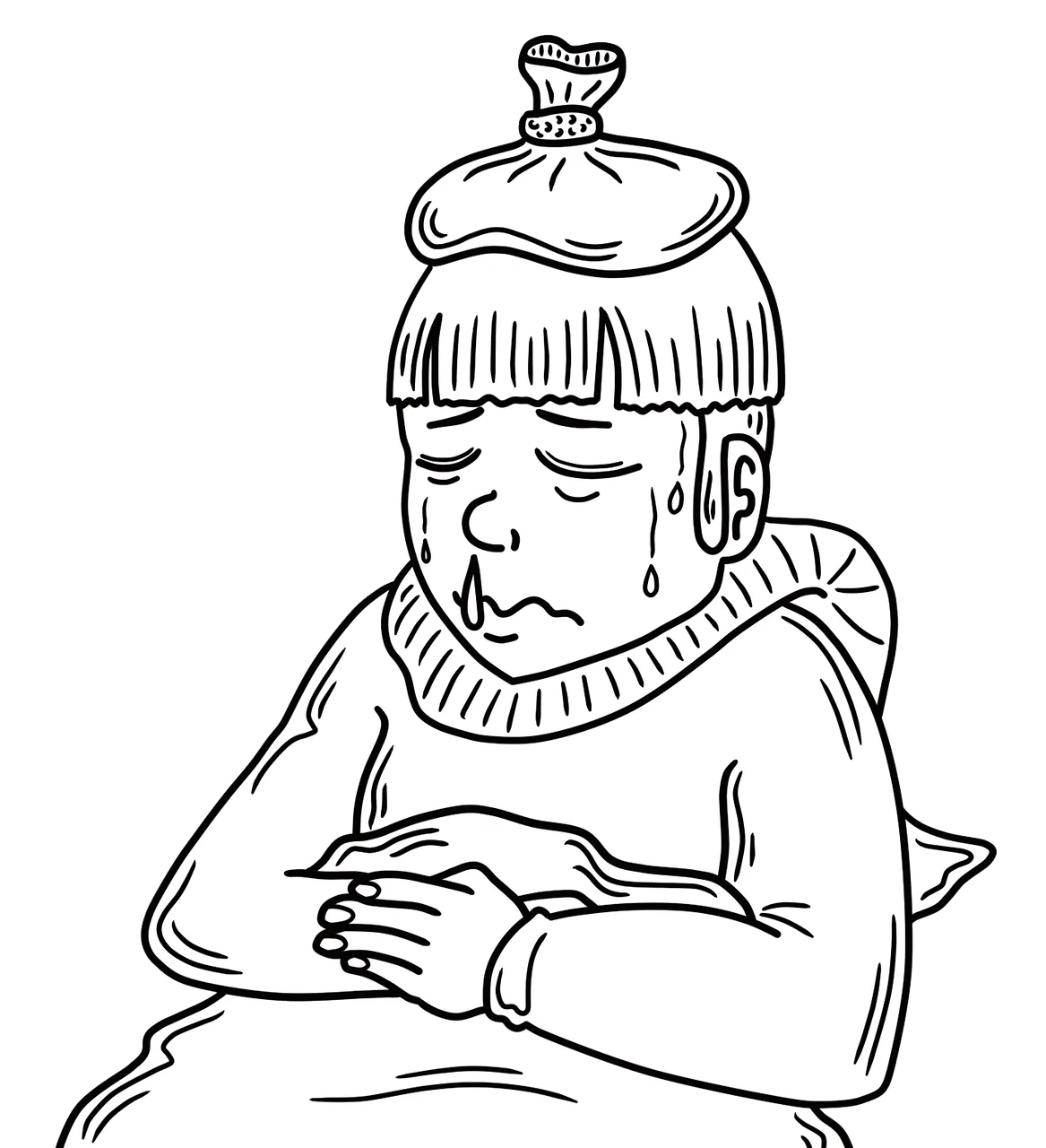 건강한 삶 이 없는 병든 남자가 아파 힘든 모습으로 앉아 있다. 아픈 몸이라면 부자가 무슨 소용 있을까?